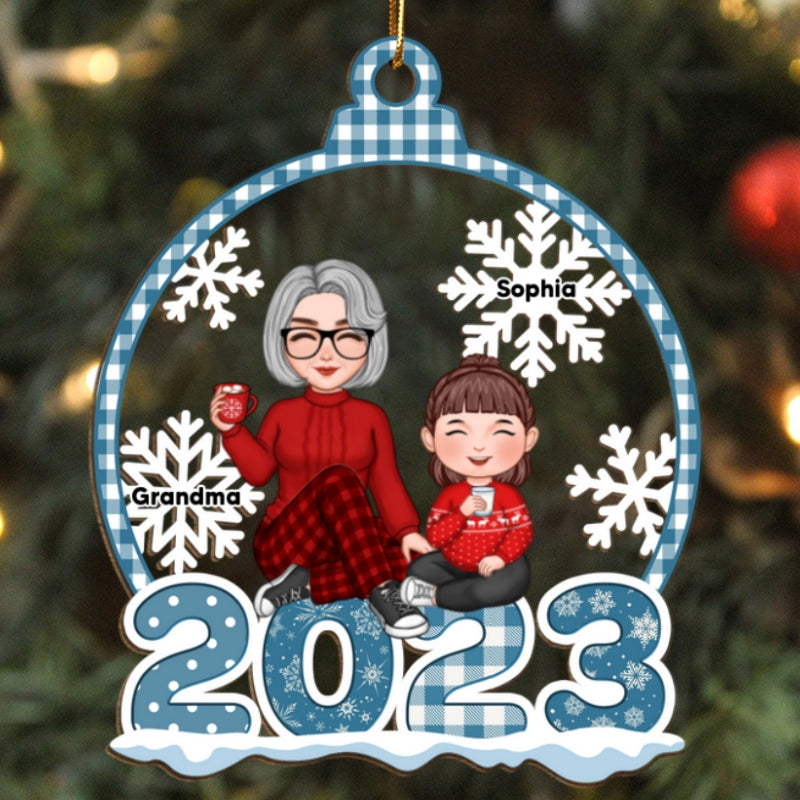 Blue Pattern Snowflake Cute Grandma Grandkids Sitting On 2023 Personalized Wooden Ornament