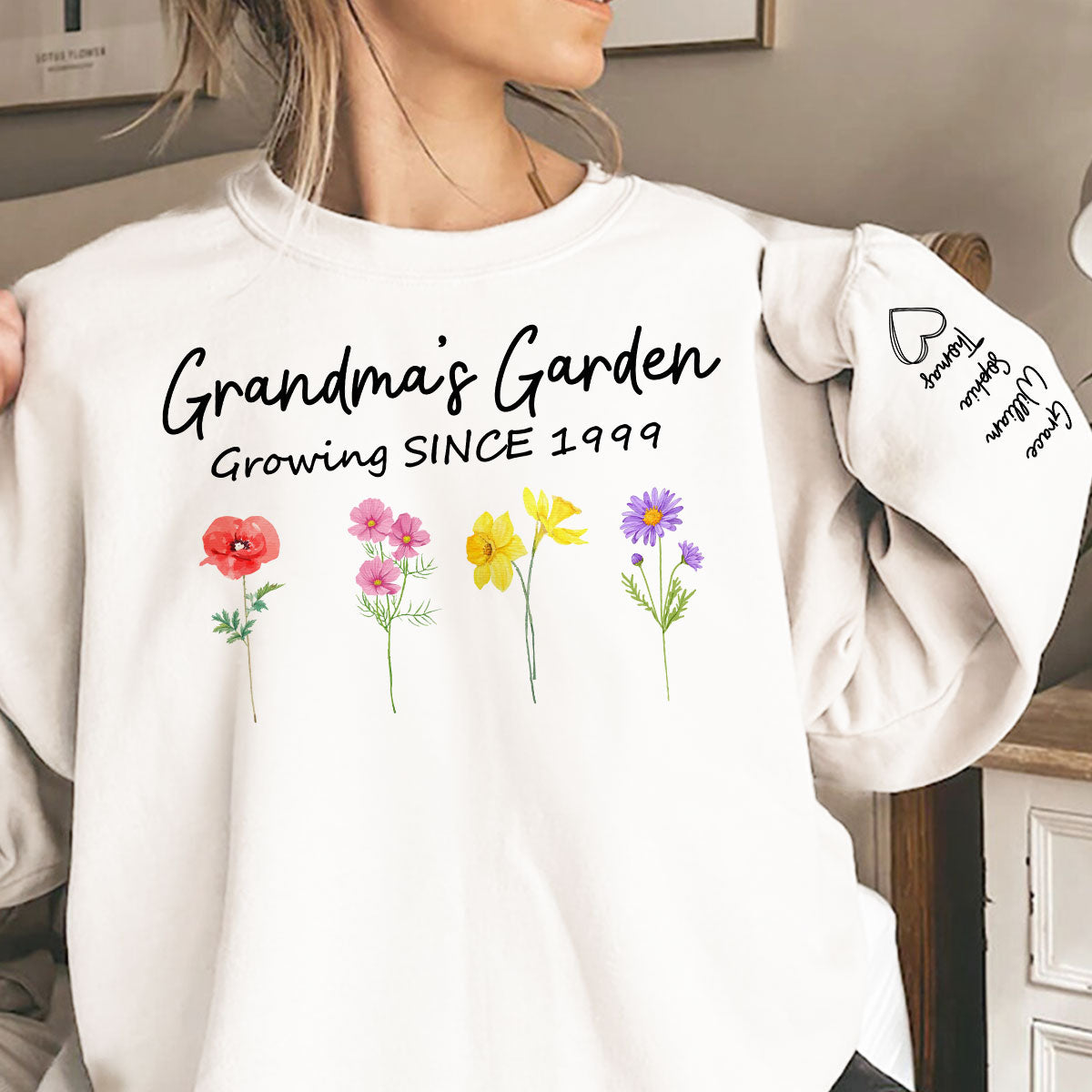 Grandma Garden Growing Since Custom Birth Month Flower Shirt for Grandmother, Gift, Personalized Sleeve Printed Sweatshirt