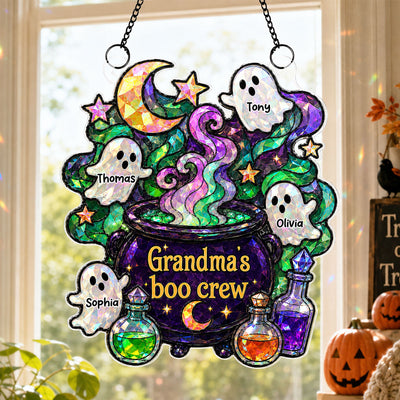 Mysterical Grandma's Boo Crew Cauldron - Personalized Acrylic Suncatcher - Halloween Decoration For Grandma