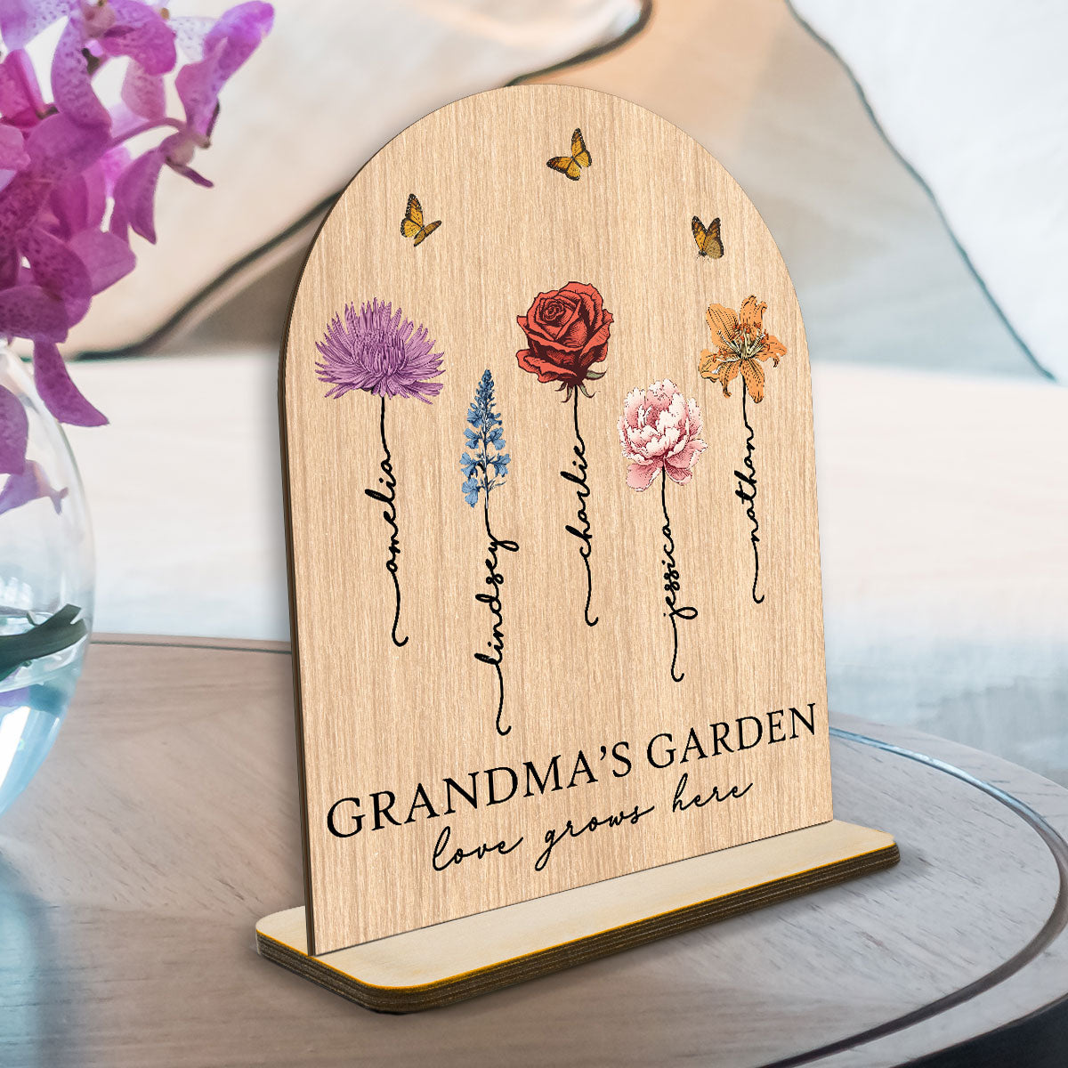 Grandma‘s Garden Love Grows Here Vintage Birth Flower Personalized Standing Wooden Plaque