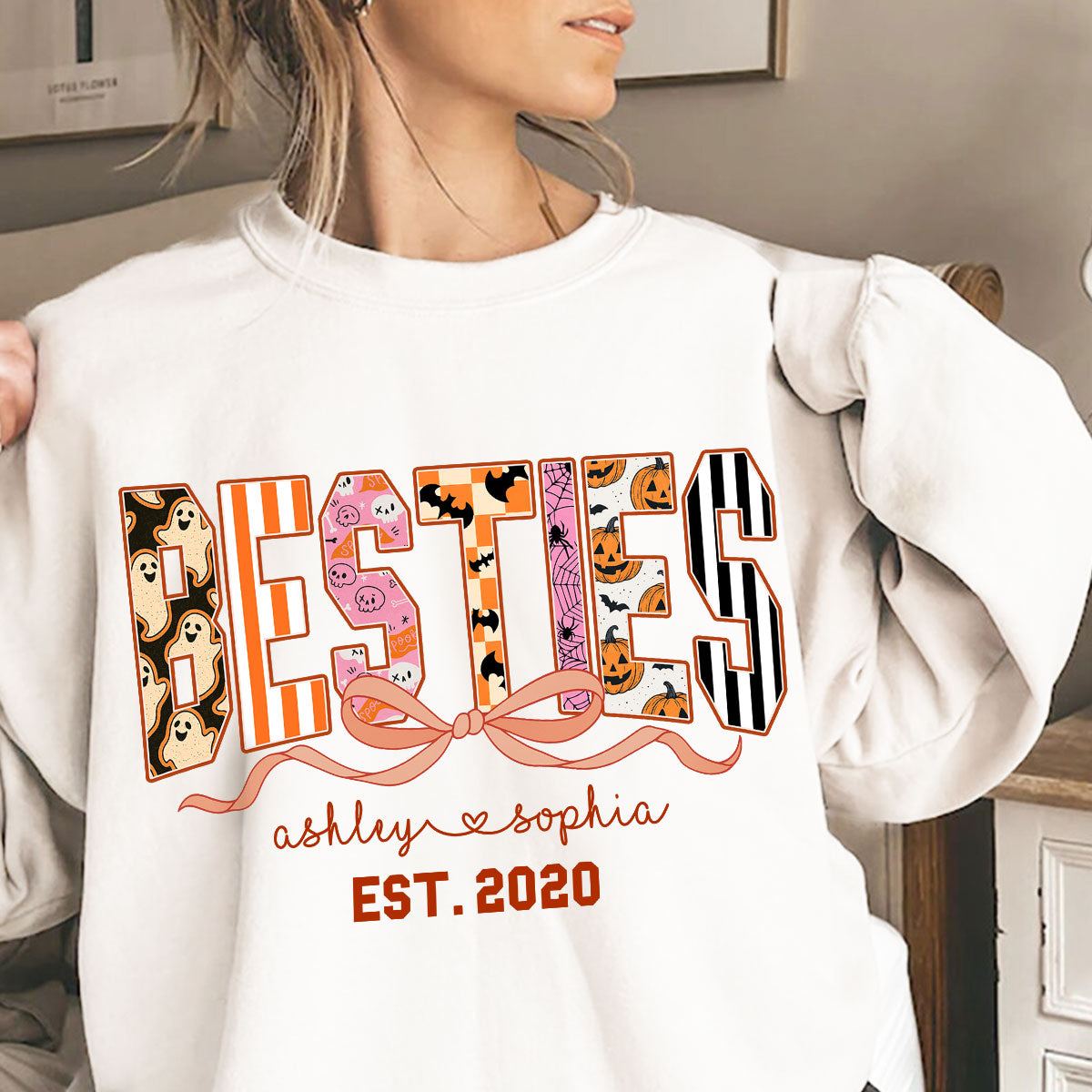 Retro Halloween Spooky Coquette Personalized Matching Besties Sweatshirt, Fall Gift for Besties