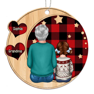 Moon Heart Checkered Grandma Grandkids Personalized Wooden Ornament
