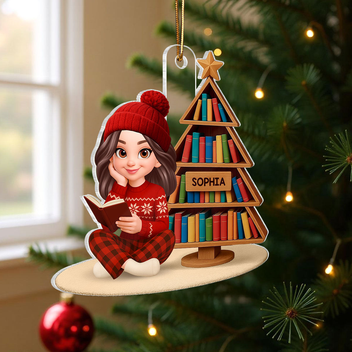 Christmas Cozy Vibe Pretty Girl Reading Book - Personalized Acrylic Ornament - Gift For Book Lovers