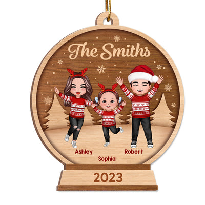 Happy Christmas Doll Family In Snow Globe Personalized Wooden Ornament
