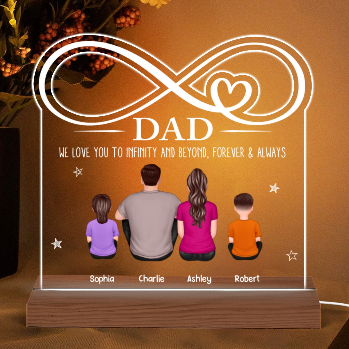 Dad We Love You To Infinity Back View Man & Kids Dog Cat Personalized Custom Shape Acrylic Plaque With Warm LED Night Light