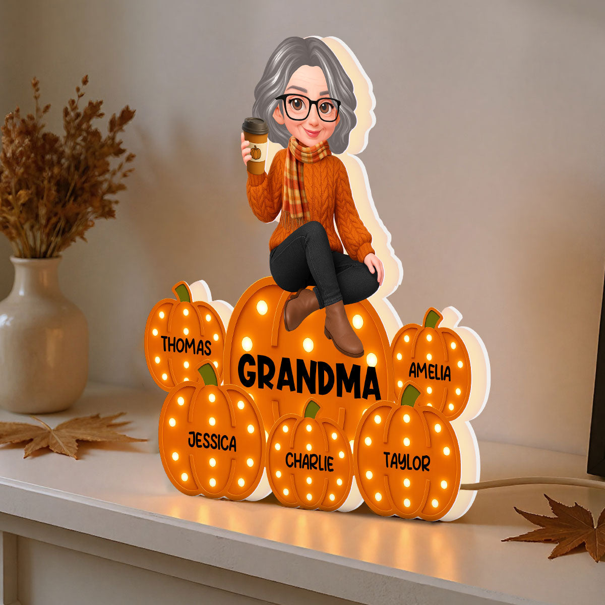 Fall Season Grandma Marquee Pattern Texture Pumpkins Kids Names Personalized LED Light Box