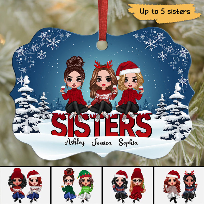 Doll Sisters Sitting On Word Christmas Personalized Christmas Ornament