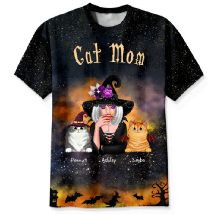Pretty Witch Cat Mom Witchy Ombre Tie-Dye Pattern Personalized Shirt, Purrfect Costume for Cat Lover