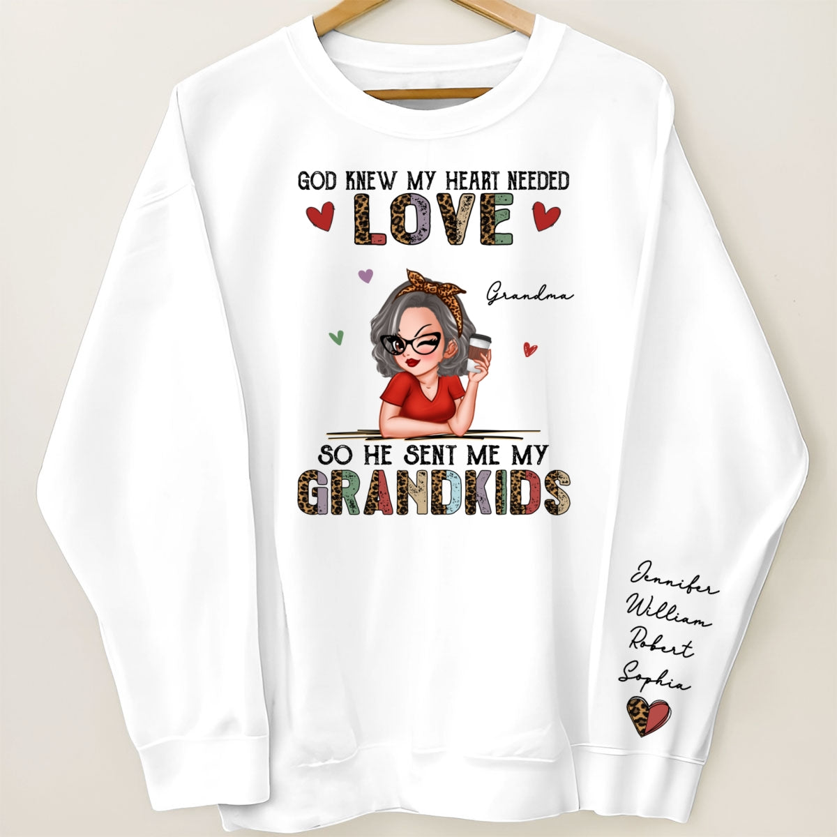 Colorful Half Leopard Love Grandkids Personalized Sleeve Printed Sweatshirt