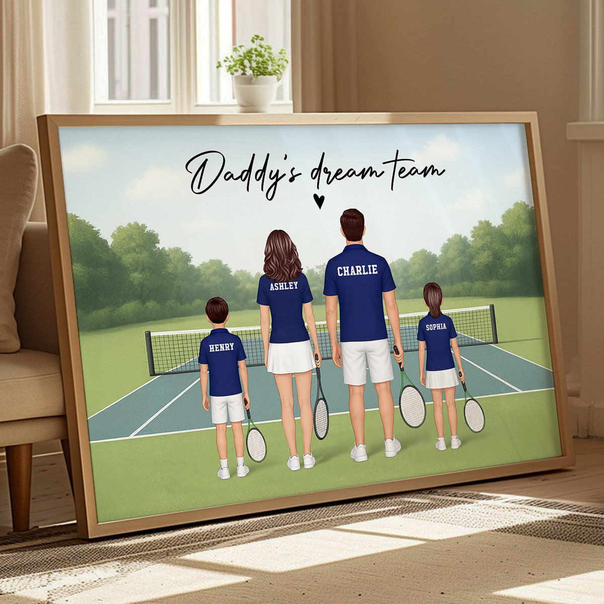 Daddy's Team Tennis Family Back View Personalized Poster, Father's Day Gift