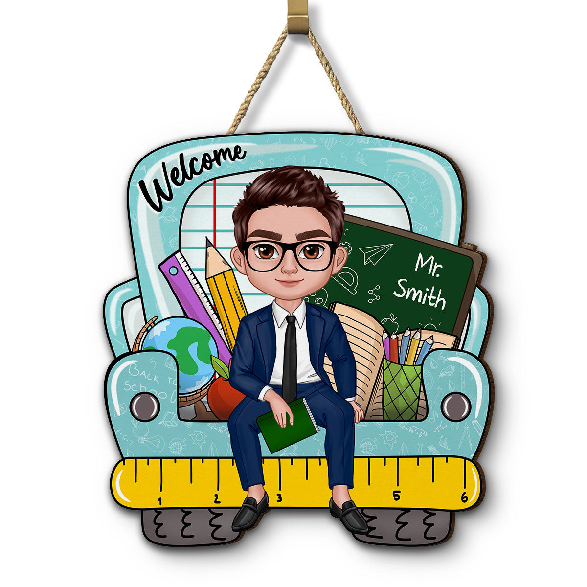 Doll Teacher Truck Back View Personalized Wood Sign, Back To School Gift
