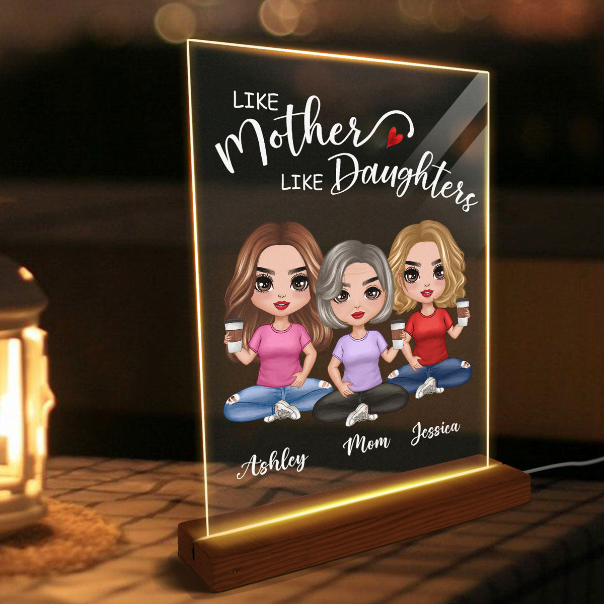 Doll Mother And Daughters Sitting Personalized Rectangle Plaque LED Night Light