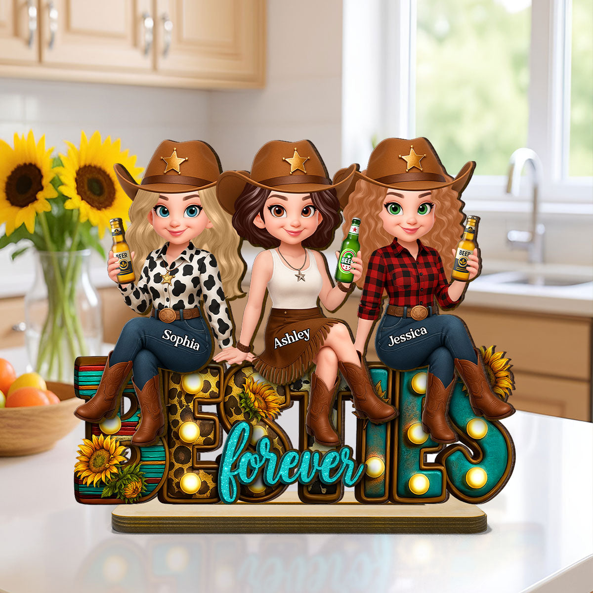 Western Fall Vibe Besties Personalized Standing Wooden Plaque, Fall Gift for Best Friends