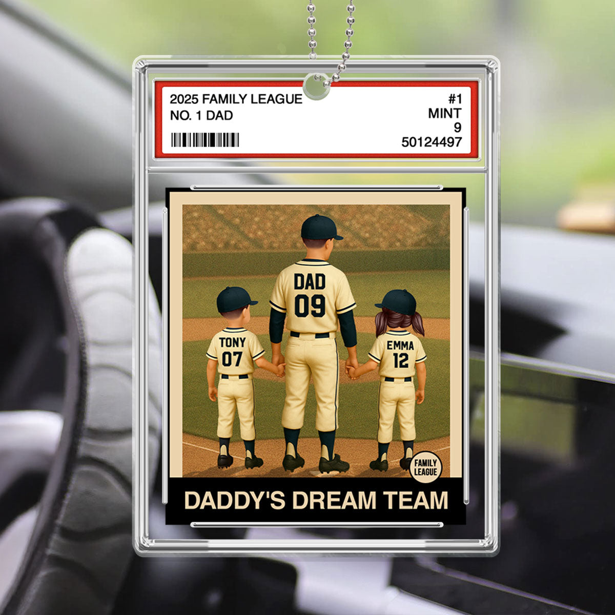 Baseball No. 1 Dad Man & Kids Trading Card Style Personalized Acrylic Car Ornament