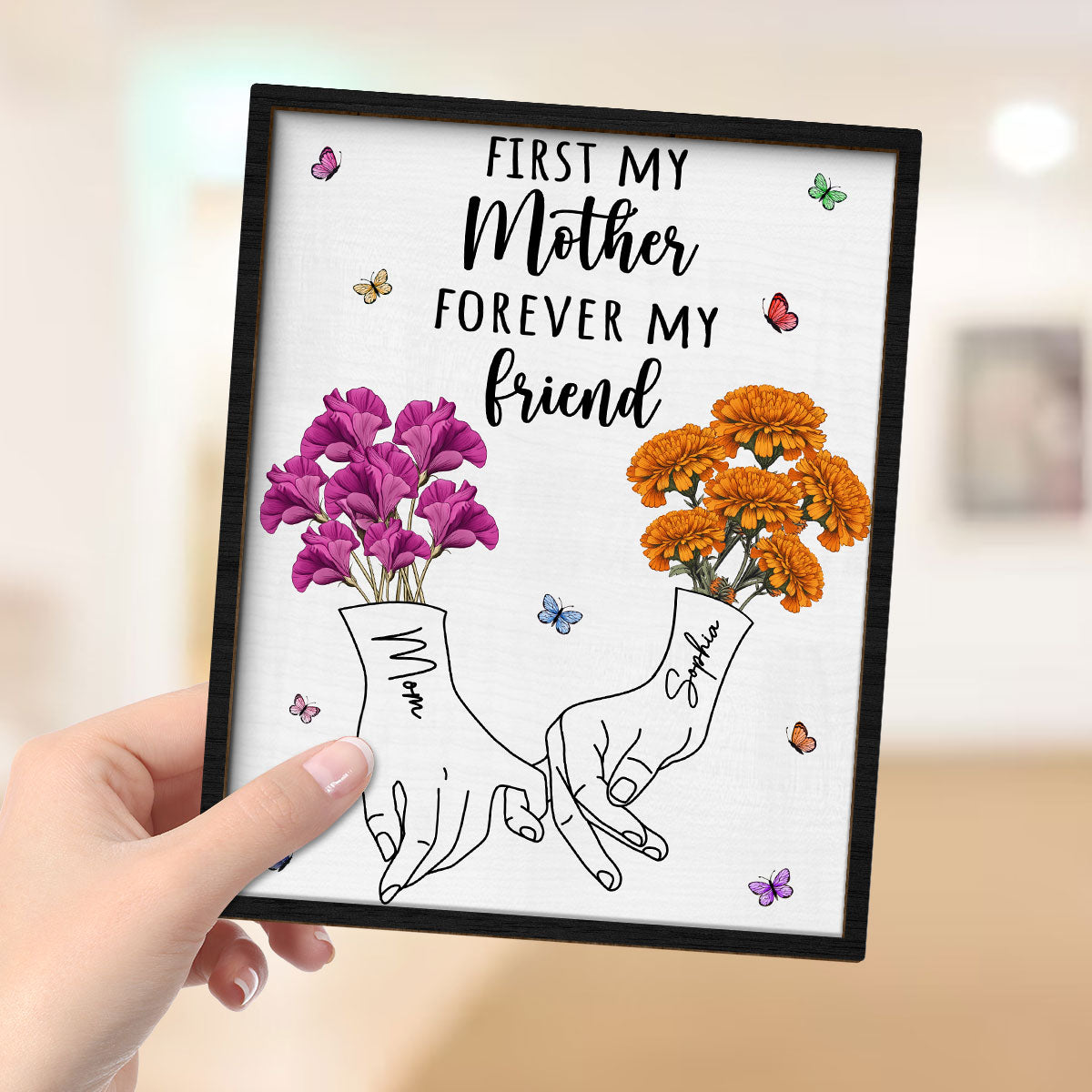 First My Mother Forever My Friend Vintage Birth Month Flowers Gift For Mom 2-Layer Personalized Wooden Plaque