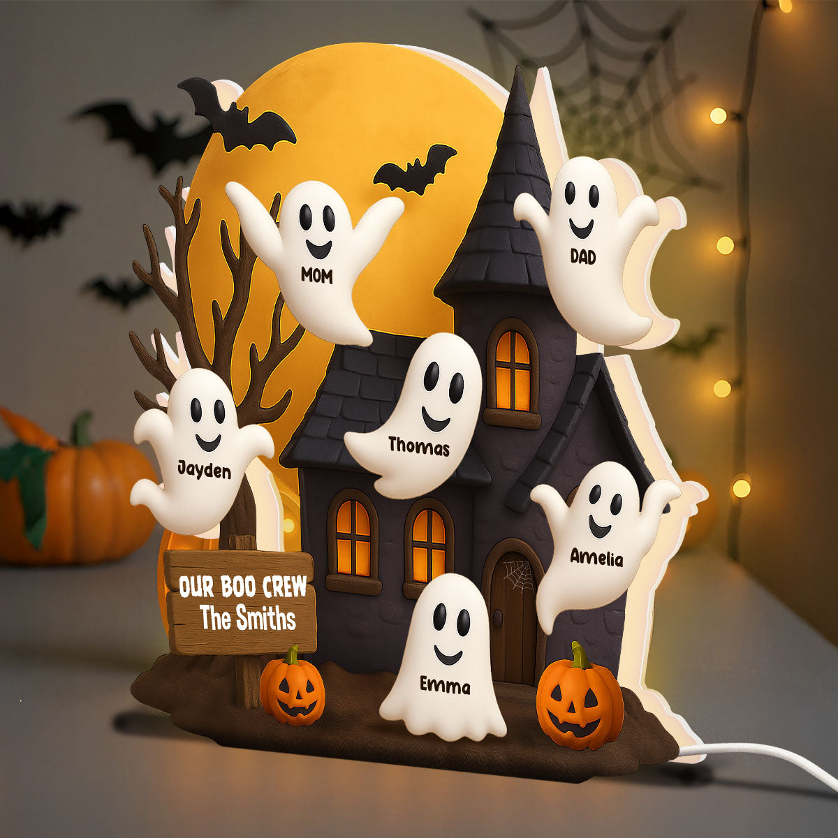 Halloween Boo Family Haunted House Personalized Light Box, Halloween Home Tabletop, Tiered Tray, Shelf Sitter Decoration