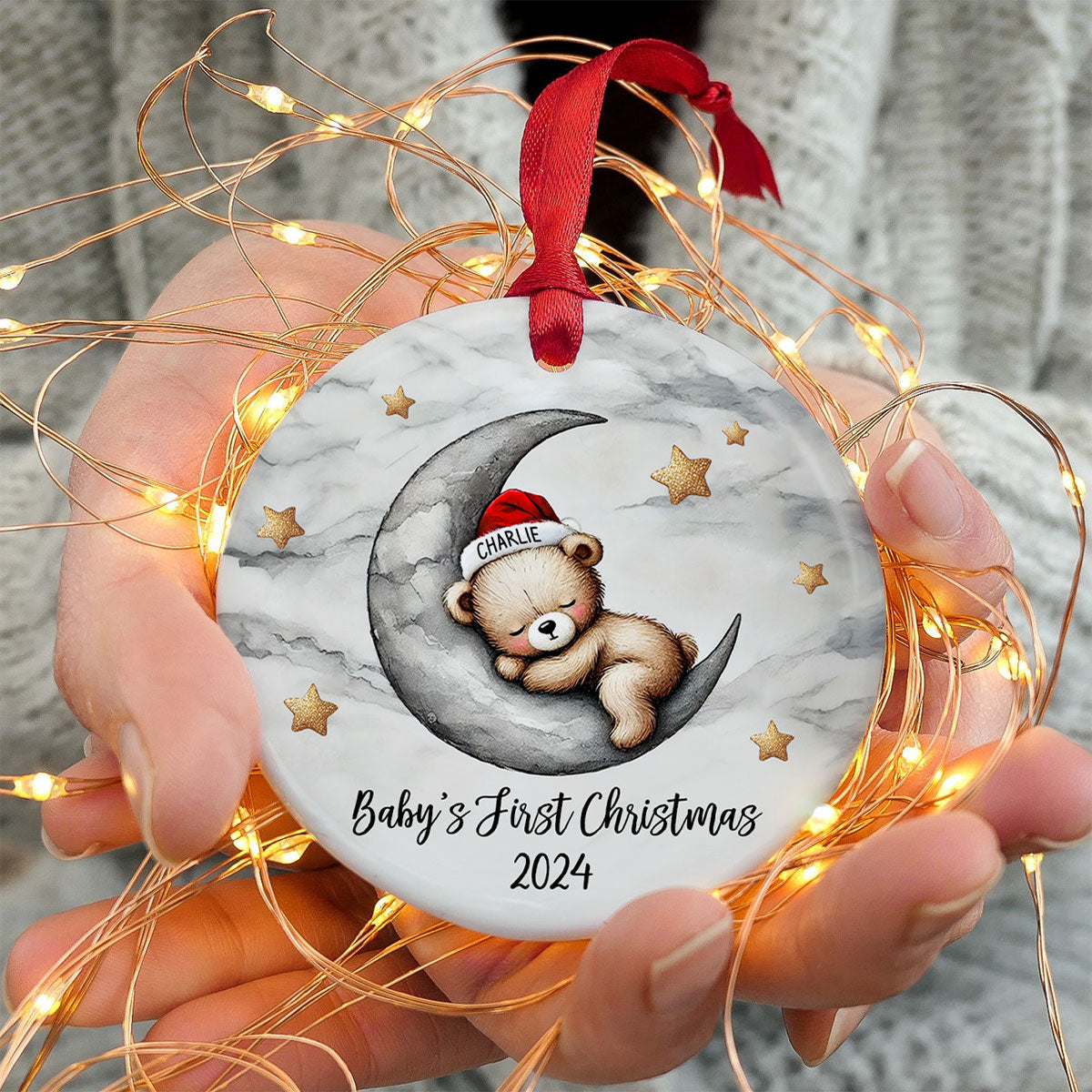 Baby Bear On The Moon, Baby's First Christmas Personalized Ceramic Ornament, Christmas Keepsake for Baby Boy, Baby Girl