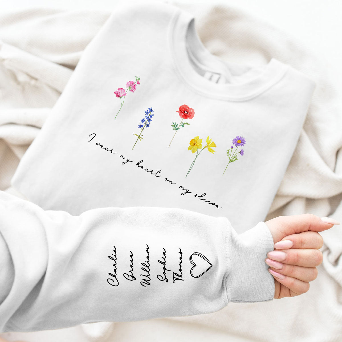 Watercolor Birth Month Flowers Personalized Sleeve Printed Sweatshirt, Gift For Mom Granma Aunt