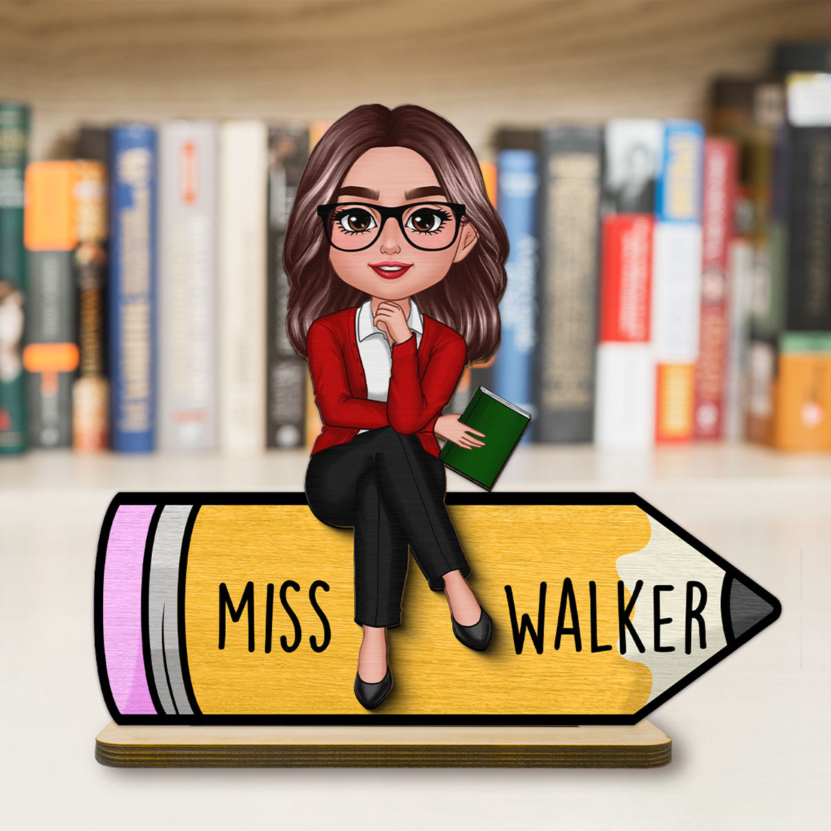 Doll Teacher Sitting On Pencil Personalized 2-Layer Standing Wooden Plaque, Back To School Gift For Teacher, Office Decor