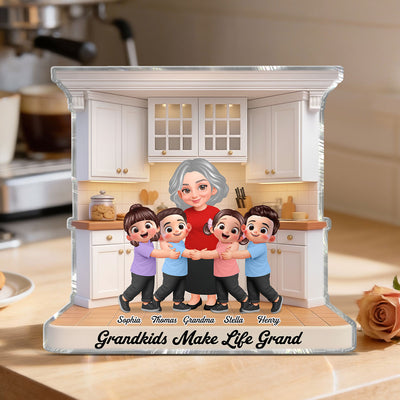 Grandma And Grandkids Happy Together In The Kitchen - Personalized Acrylic Block Plaque - Gift For Grandma
