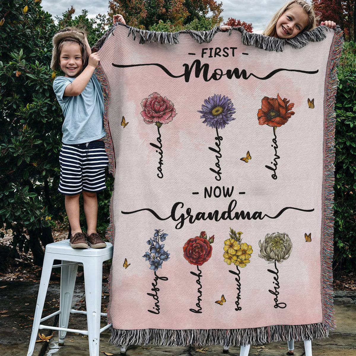 First Mom Now Grandma Birth Flower Personalized Tapestry Woven Blanket, Heartfelt Gift For Grandma