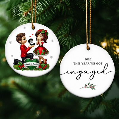 This Year We Got Engaged Personalized Ceramic Ornament, Custom Just Engaged Gifts for Couples