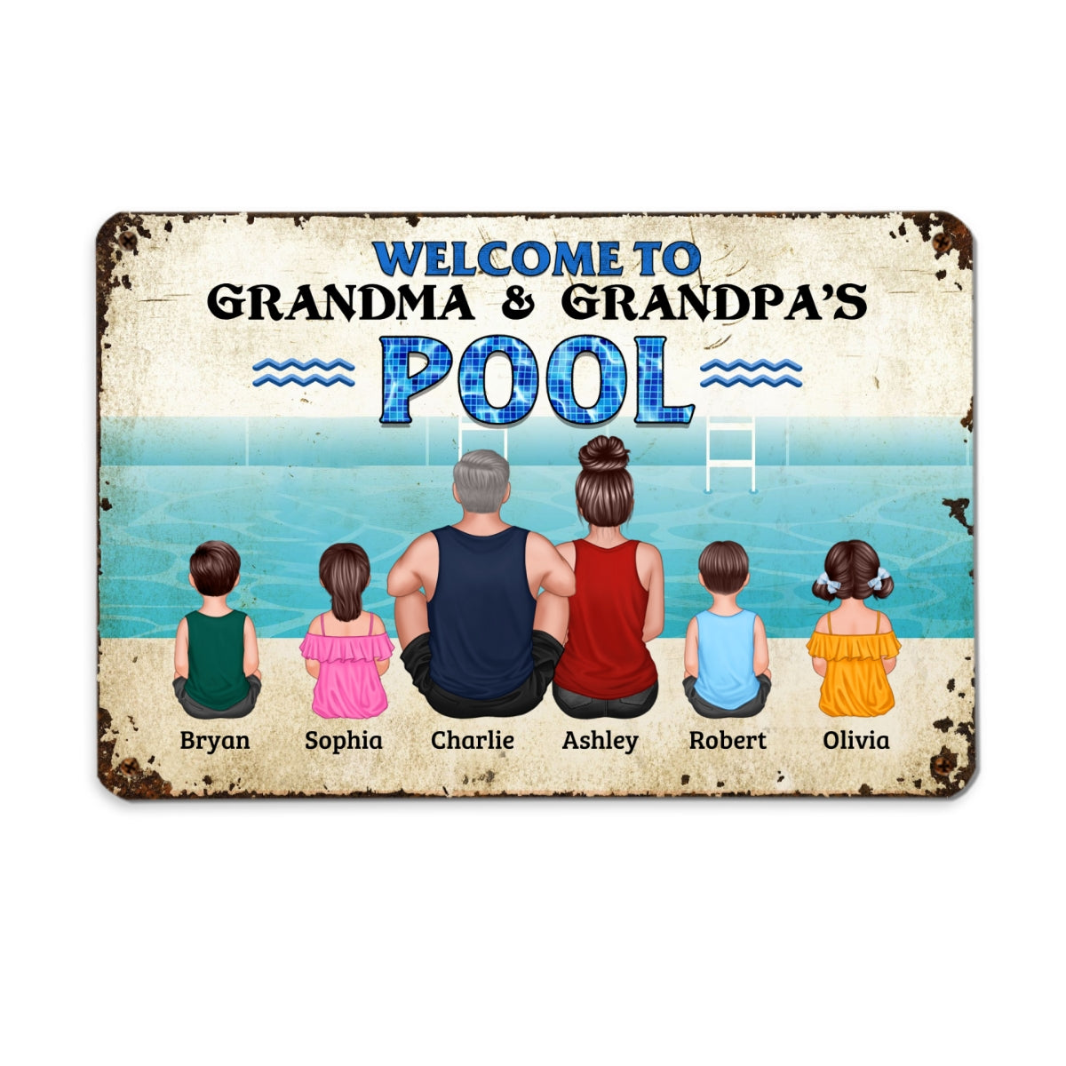 Welcome To Grandparents Pool Back View Grandpa Grandma Sitting With Grandkids Personalized Metal Sign