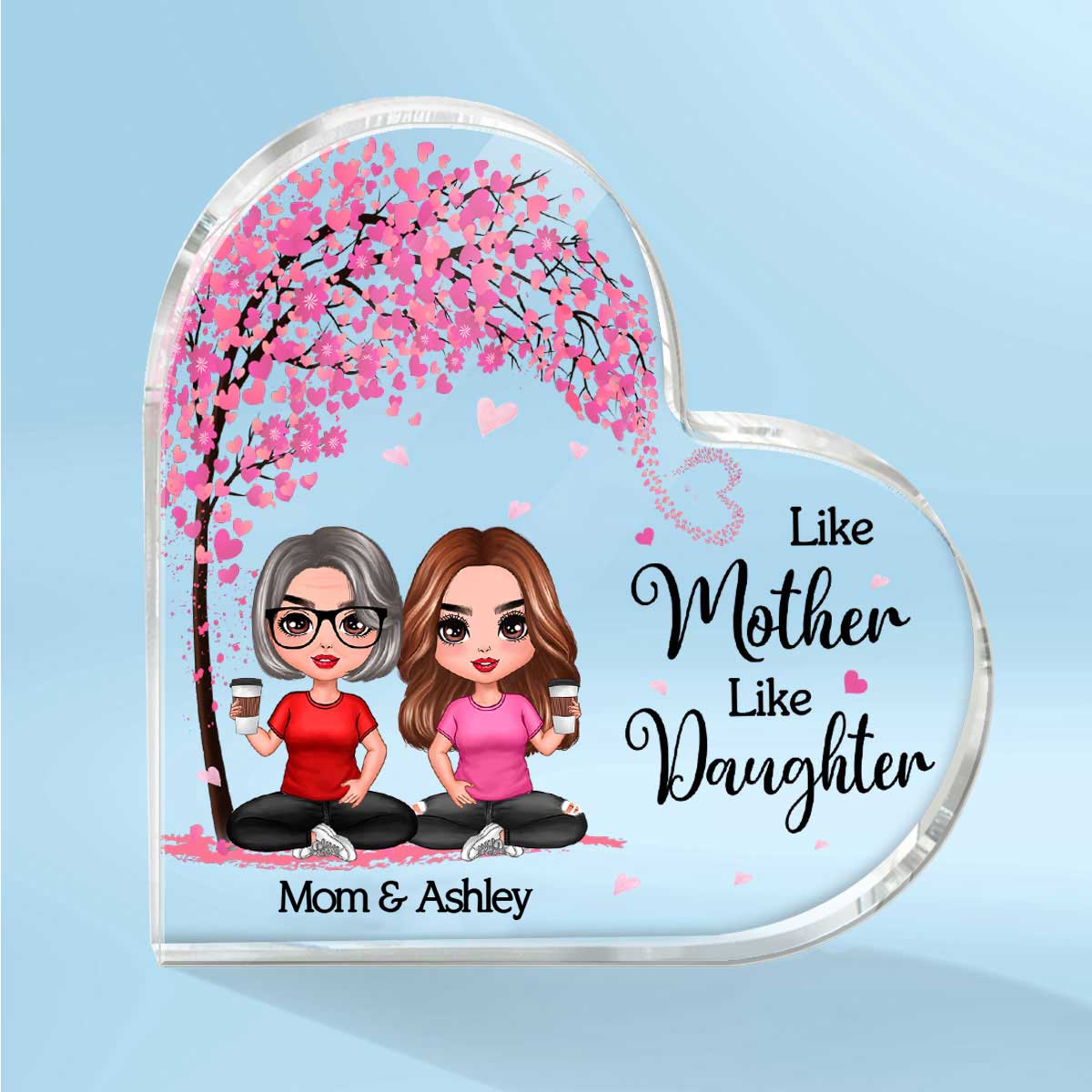 Doll Mom And Daughters Sons Sitting Under Pink Heart Tree Personalized Heart Acrylic Plaque