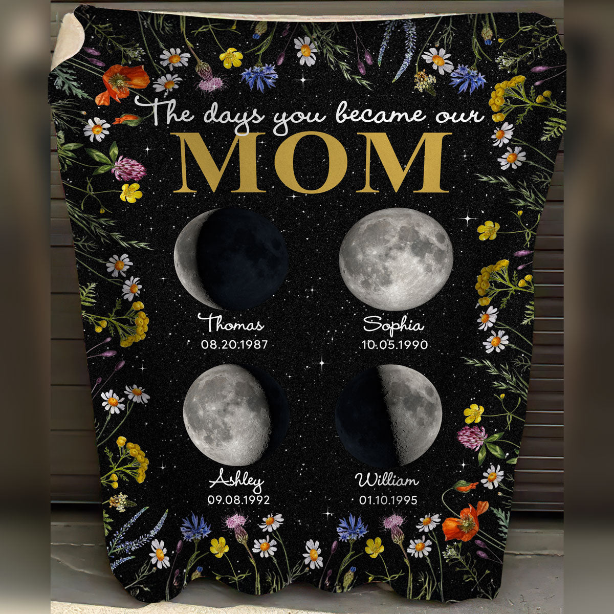 The Day You Became Mom Grandma Custom Birth Moon Phase Floral Personalized Fleece Blanket, Gift
