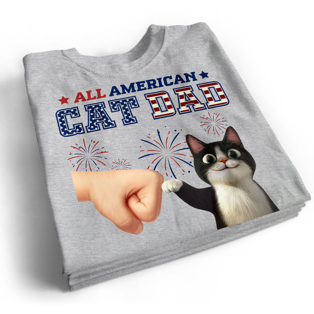 All American Cat Dad Cat Mom Cartoon Cat Punch Hand Personalized Shirt, 4th of July Independence Day Celebration