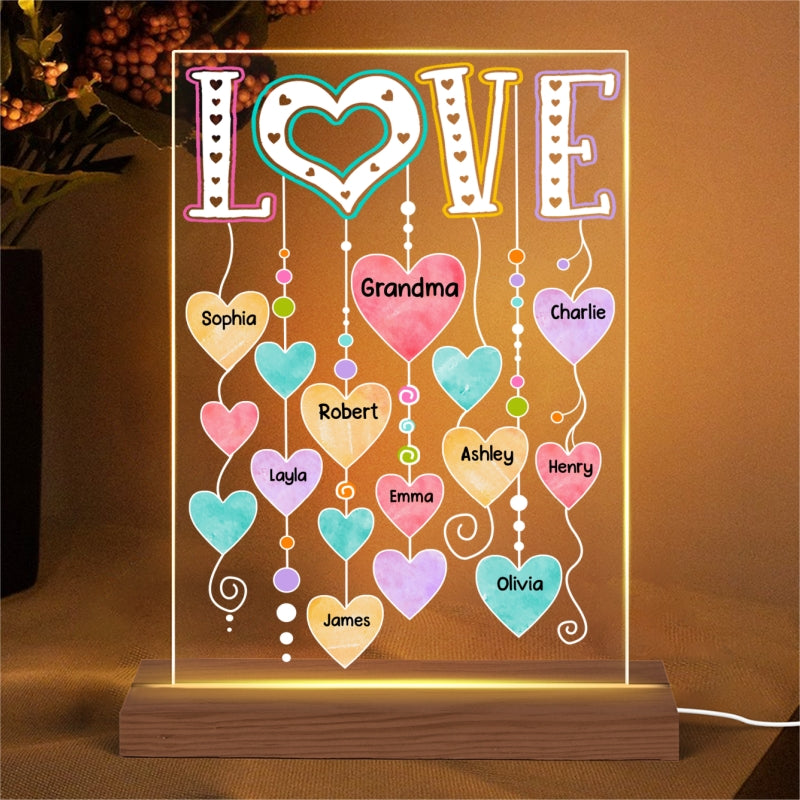 LOVE Grandma Grandkids Name Hearts Personalized Rectangle Acrylic Plaque With LED Night Light