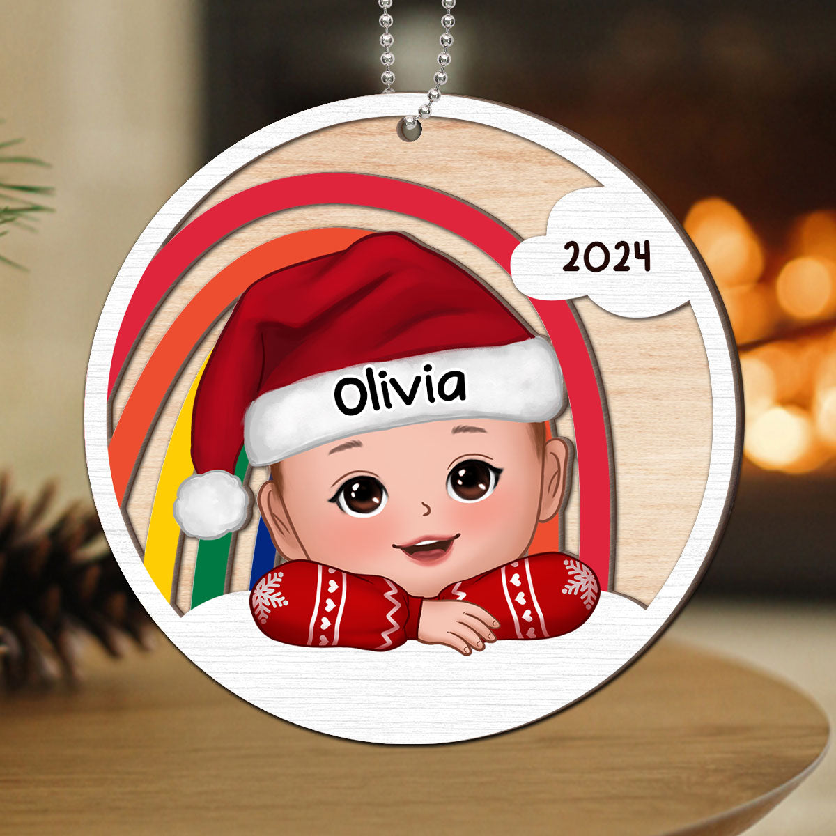 Cute Kid Rainbow Christmas Decor For Son Daughter Grandchildren Personalized 2-Layer Wooden Ornament