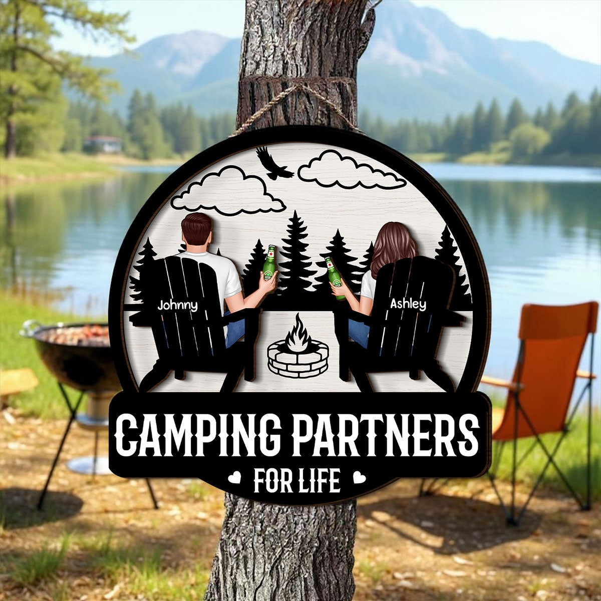 Camping Couple Sitting Back View, Campfire, Fire Pit Personalized Wood Sign