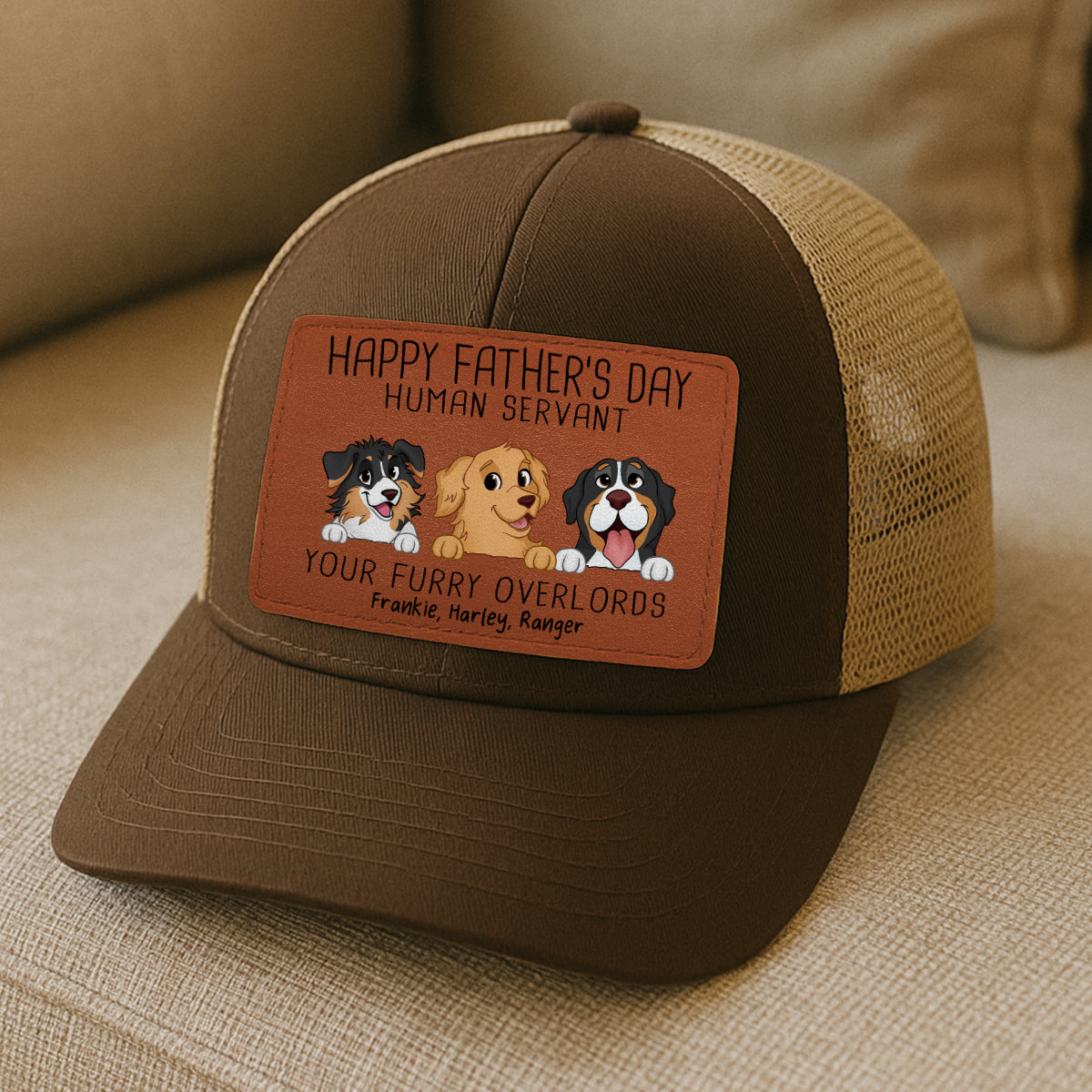 Happy Father‘s Day Human Servant Funny Cute Dogs Personalized Leather Patch Hat, Gift For Dog Dad