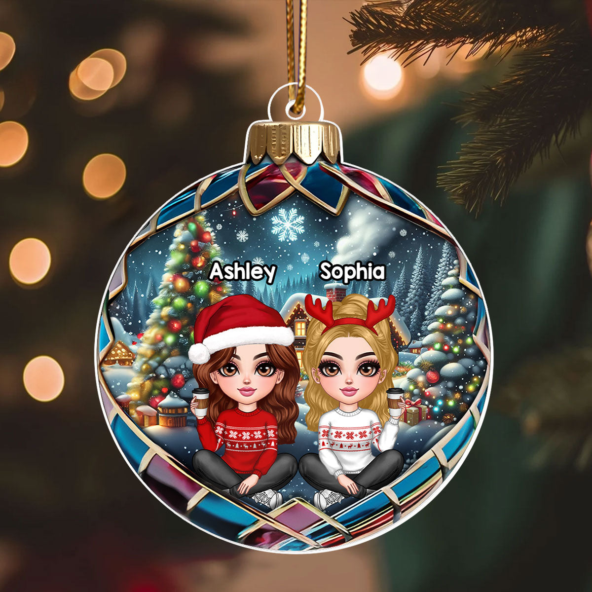 Realistic Christmas Winter Scene Besties Sisters Personalized Acrylic Ornament, Christmas Gift for Besties, Sisters, Friends