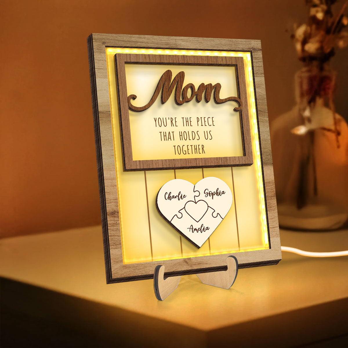 Mom You're The Piece that Holds Us Together Personalized 2-Layered Wooden Plaque with LED, Heartfelt Gift for Mom, Grandma