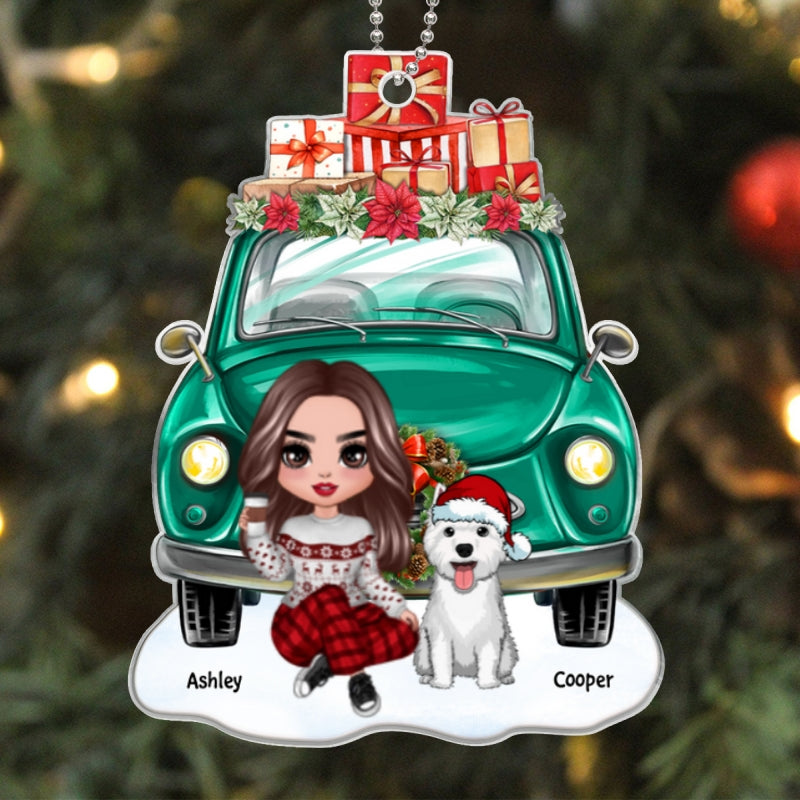 Dog Mom Sitting Front Christmas Car Personalized Acrylic Ornament