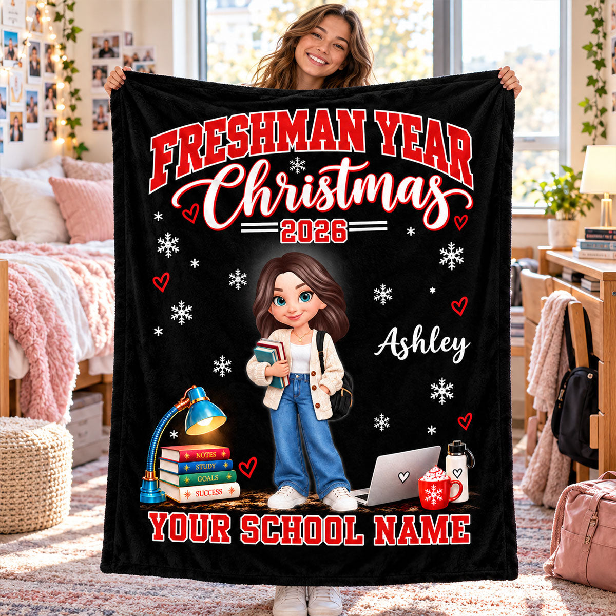 Freshman Year Christmas Custom Name & School Name - Personalized Fleece Blanket - Christmas Gift For College Freshman, Boy, Girl, Grandkids, College Students
