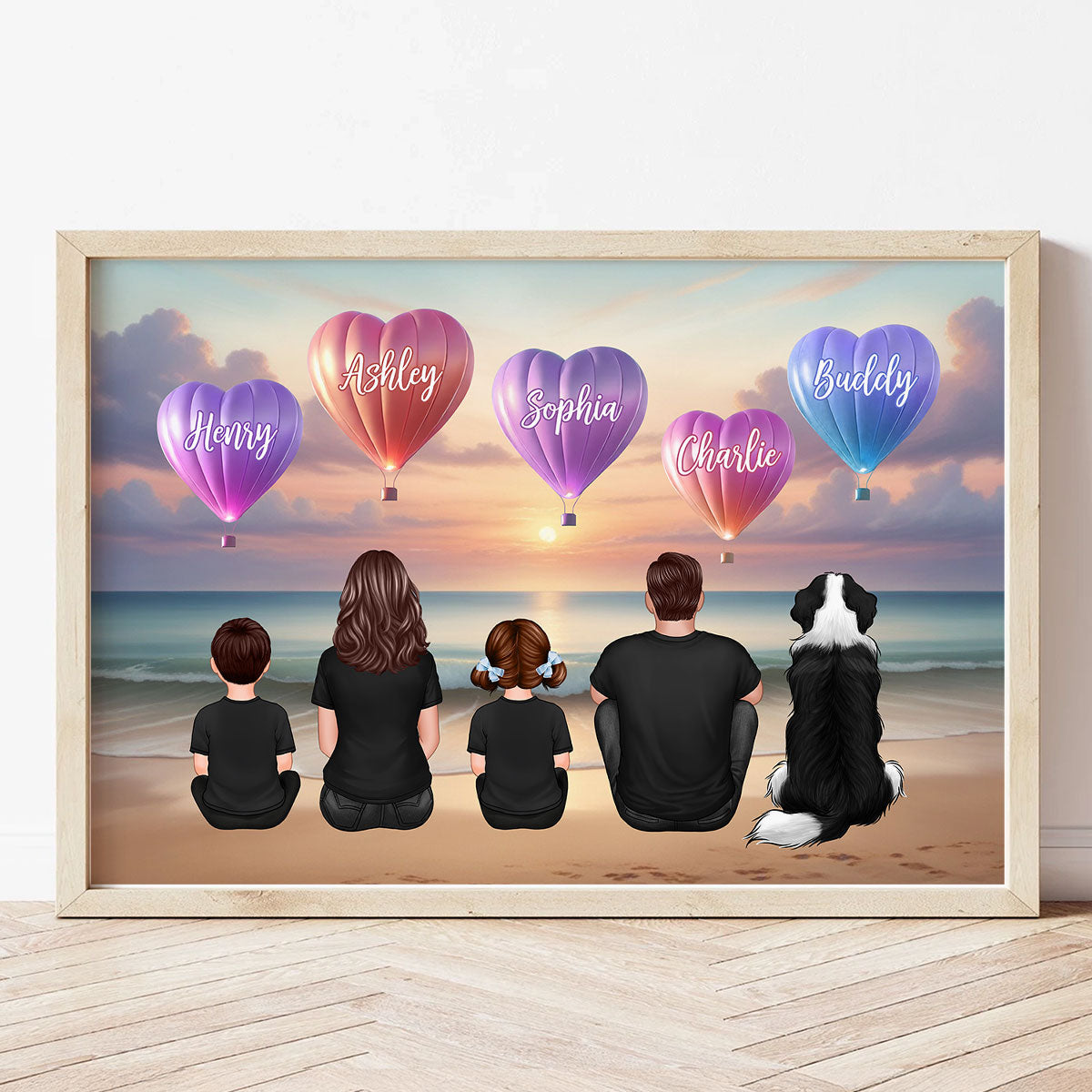 Personalized Family Sitting Back View Heart Air Balloons At Beach Poster, Gift for Family, Dad, Mom, Wife, Husband