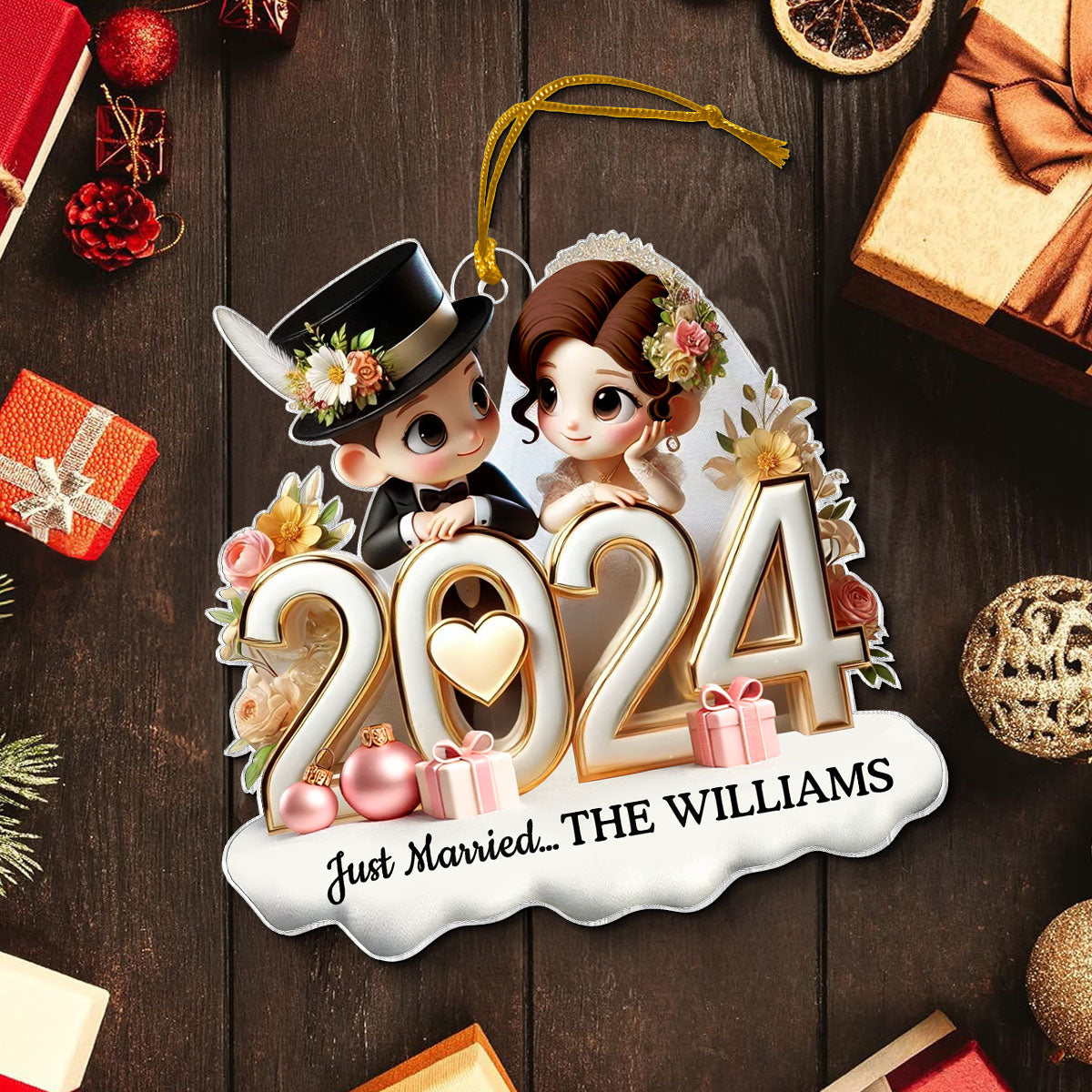 2024 Just Married Pretty Couple Personalized Acrylic Ornament, Unique Christmas Gift For Her For Him For Newlywed Couple