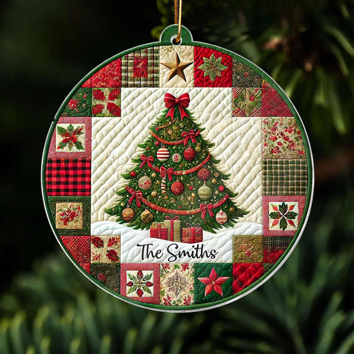 3D Effect Quilting Patchwork Fabric Patterns Christmas Tree Family Name Christmas Personalized Acrylic Ornament