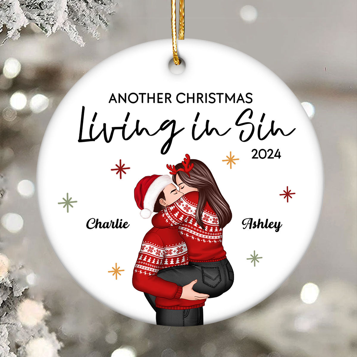Couple Another Year Living In Sin Christmas Personalized Ceramic Ornament, Funny Christmas Gift for Couple