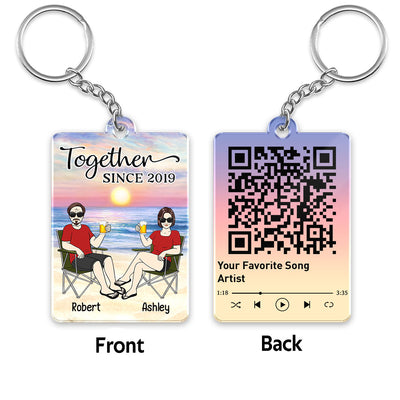 Couple Front View On Chair Sitting At Beach Favorite Song Scannable QR Code Personalized Acrylic Keychain