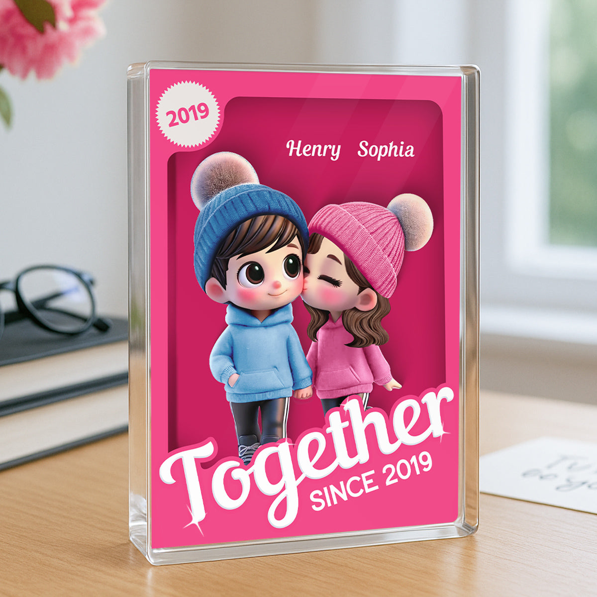 Couple Partners In Crime Pink Toy Box 3D Effect Personalized Acrylic Block