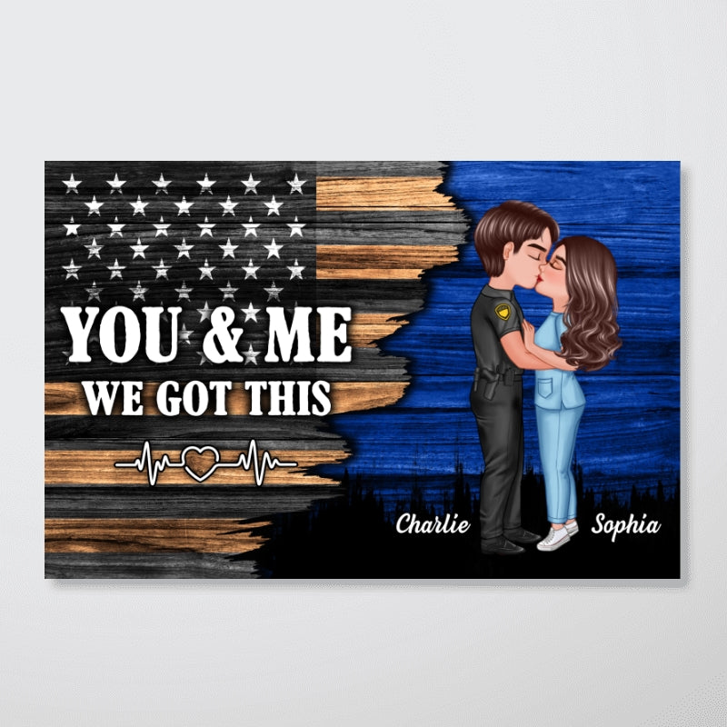 Hero Couple Kissing Half Flag Gifts by Occupation Firefighter, Nurse, Police Officer - Personalized Poster