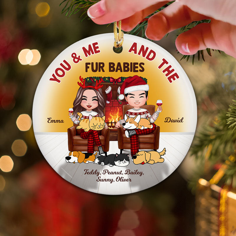 Couple And Dogs Cats In House Fireplace Personalized Circle Ornament