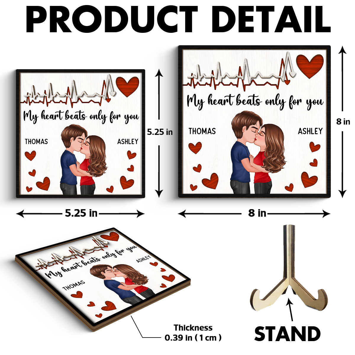My Heart Beats Only For You Couple Hugging Kissing Valentine‘s Day Gift For Him For Her Personalized 2-Layer Wooden Plaque