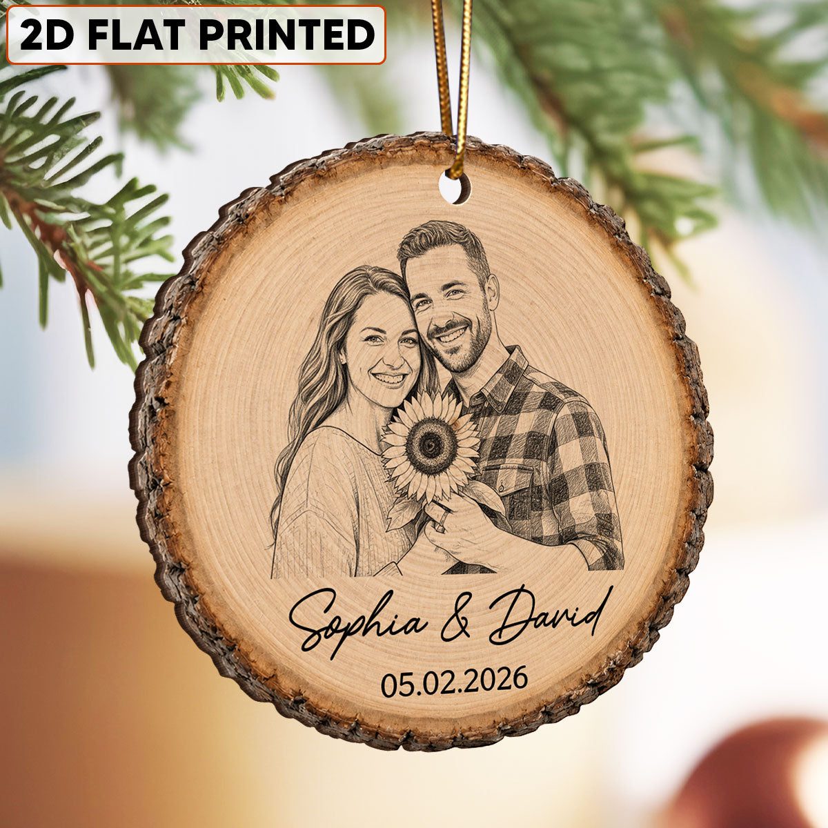 Sketch Style Couple Forever Love Custom Photo - Personalized Wooden Ornament - Christmas Gift, Anniversary Gift For Couple