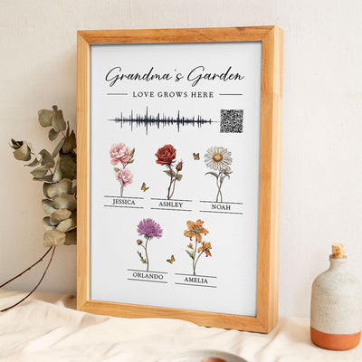 Grandma's Garden Birth Month Flowers Personalized Poster, Voice Recording Sound Wave, Gift for Mom Grandma, Custom Your Heartfelt Voice Message for her