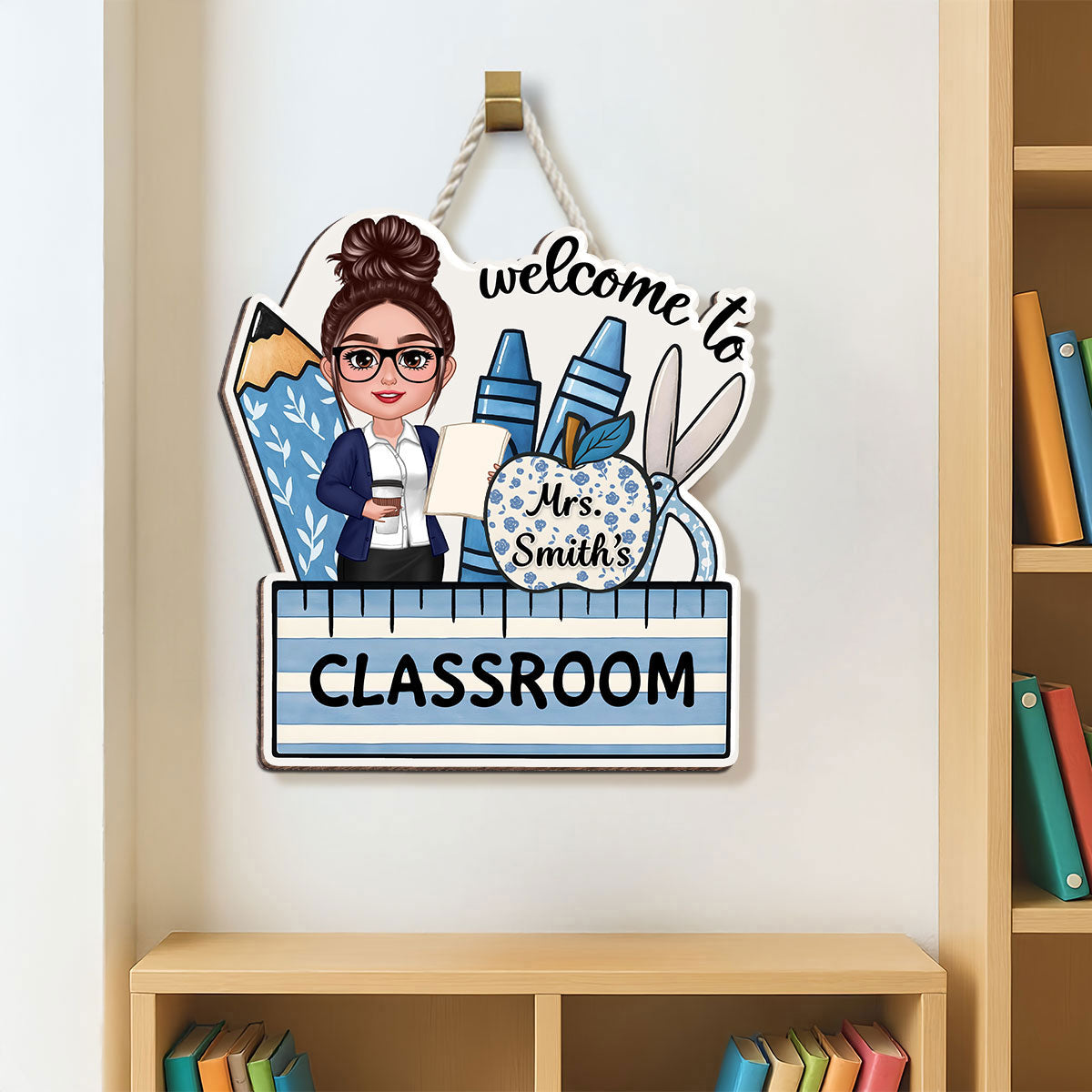 Welcome To Teacher Classroom Blue Floral Personalized Door Sign